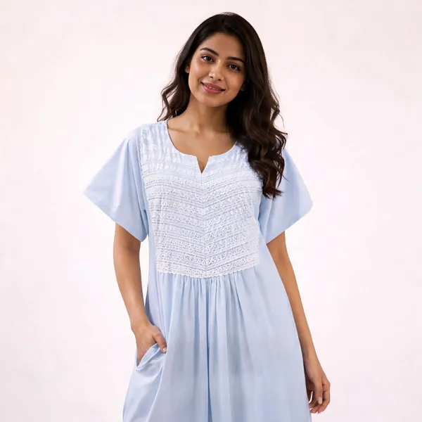 Light_Blue_Cotton_Textured_Flared_Maxi_Nighty_For_Women