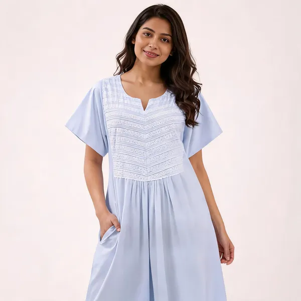 Light_Blue_Cotton_Textured_Flared_Maxi_Nighty_For_Women