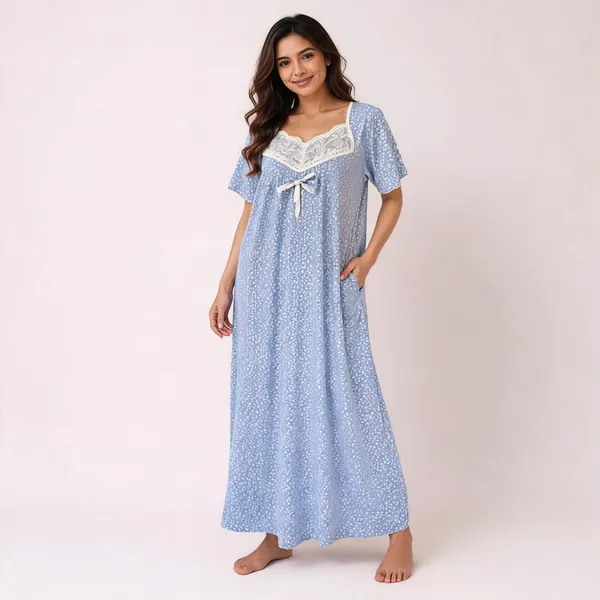 Blue_Pure_Cotton_Printed_Loose_Fit_Maxi_Nighty_For_Women