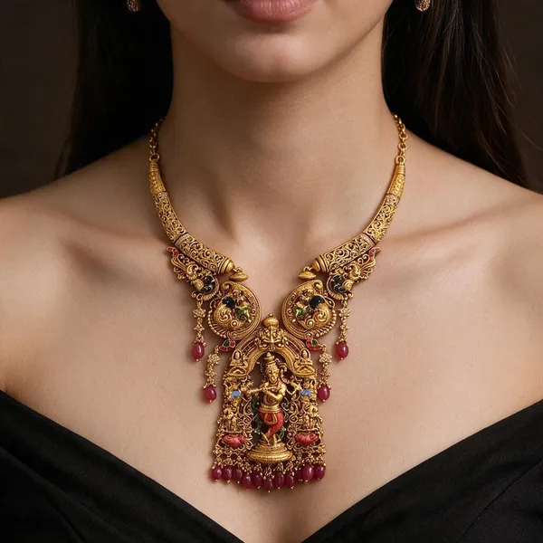 Golden_Brass_Antique_Krishna_Brindavan_Necklace_Set_For_Women