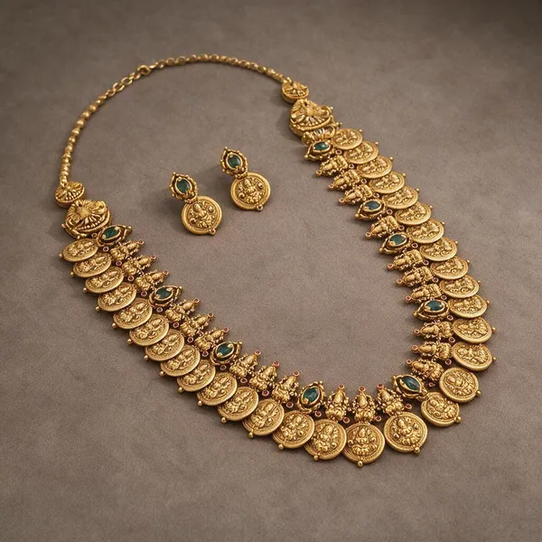 Golden_Brass_Antique_Lakshmi_Emerald_Stone_Kaasu_Haram_Set_For_Women