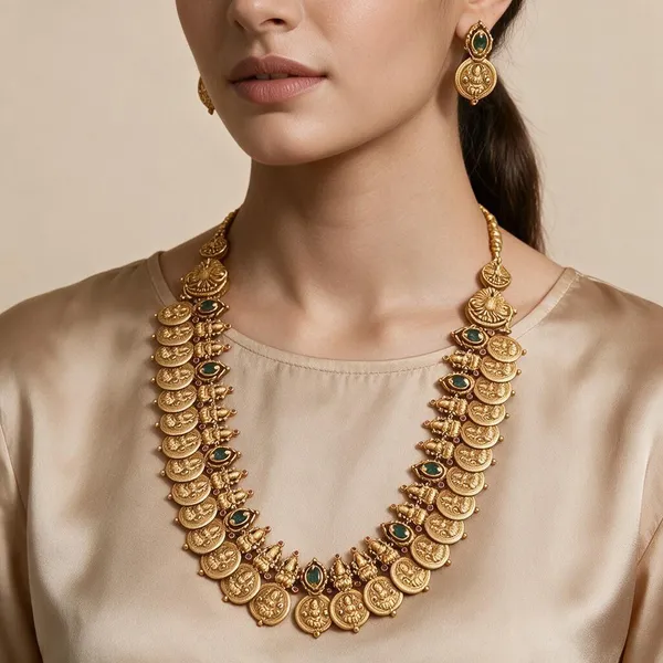 Golden_Brass_Antique_Lakshmi_Emerald_Stone_Kaasu_Haram_Set_For_Women