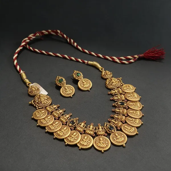 Golden_Brass_Antique_Lakshmi_Emerald_Stone_Kaasu_Necklace_Set_For_Women