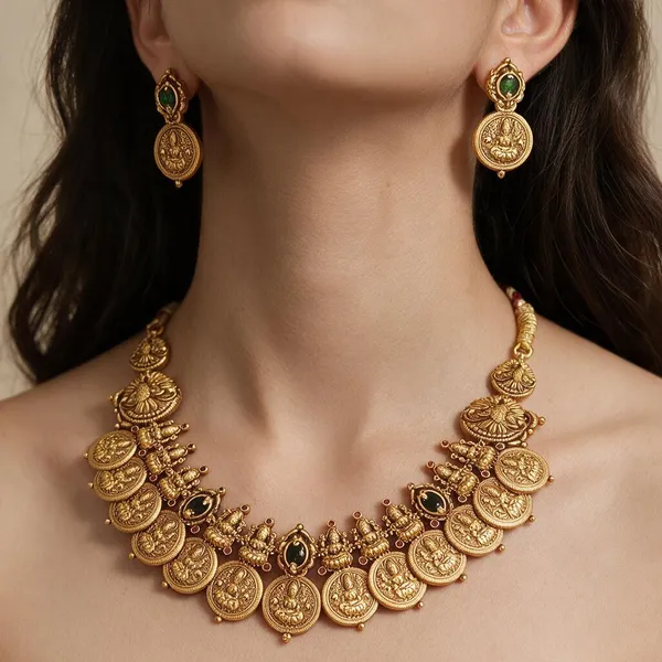 Golden_Brass_Antique_Lakshmi_Emerald_Stone_Kaasu_Necklace_Set_For_Women