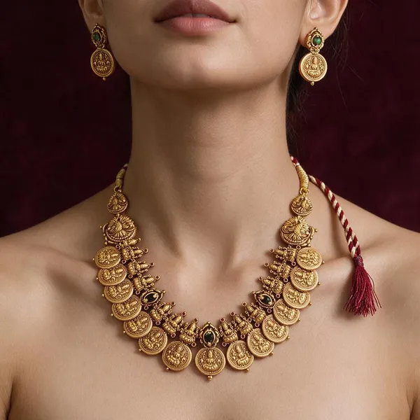 Golden_Brass_Antique_Lakshmi_Emerald_Stone_Kaasu_Necklace_Set_For_Women