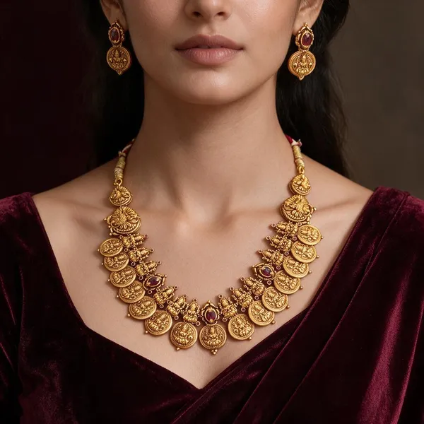 Golden_Brass_Antique_Lakshmi_Ruby_Stone_Kaasu_Necklace_Set_For_Women