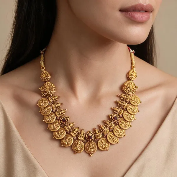 Golden_Brass_Antique_Lakshmi_Ruby_Stone_Kaasu_Necklace_Set_For_Women