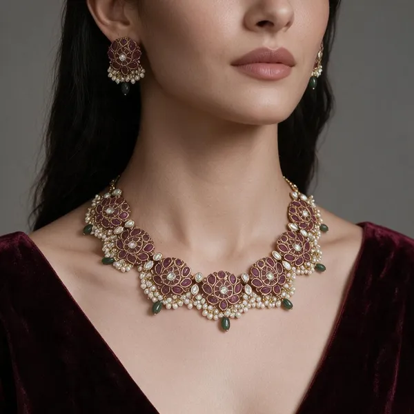 Golden_Brass_Matte_Temple_Ruby_Lotus_Necklace_Set_For_Women