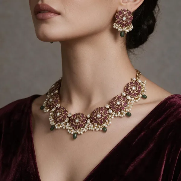 Golden_Brass_Matte_Temple_Ruby_Lotus_Necklace_Set_For_Women