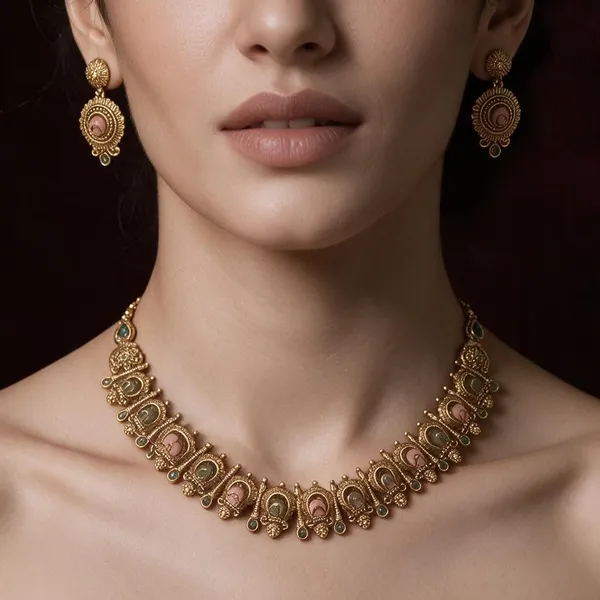 Golden_Brass_Antique_Rose_Coral_Jade_Necklace_Set_For_Women