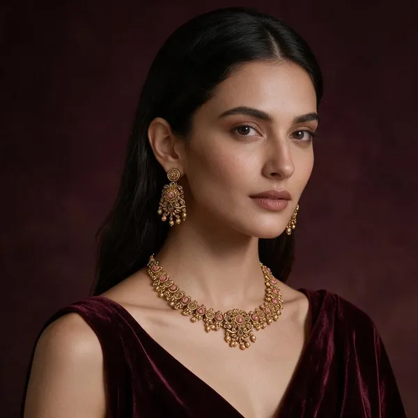 Golden_Brass_Antique_Rose_Coral_Necklace_Set_For_Women