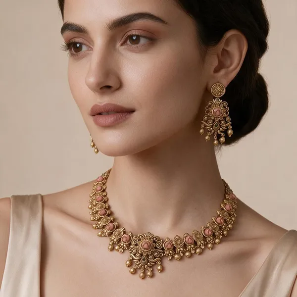 Golden_Brass_Antique_Rose_Coral_Necklace_Set_For_Women