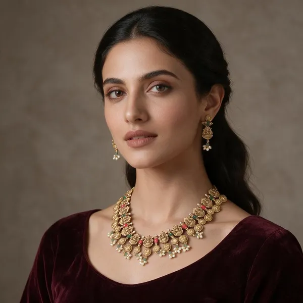Golden_Brass_Antique_Coral_Lakshmi_Necklace_Set_For_Women