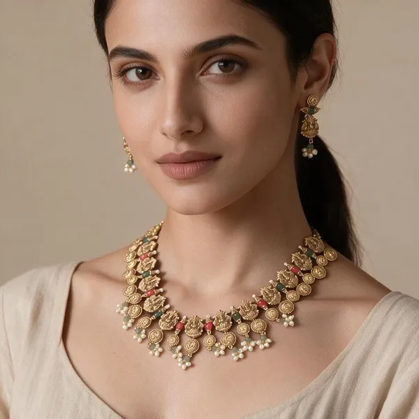 Golden_Brass_Antique_Coral_Lakshmi_Necklace_Set_For_Women