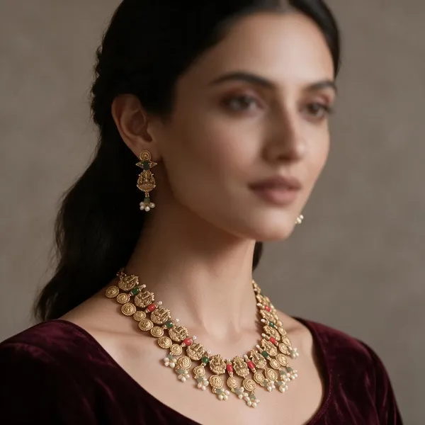 Golden_Brass_Antique_Coral_Lakshmi_Necklace_Set_For_Women