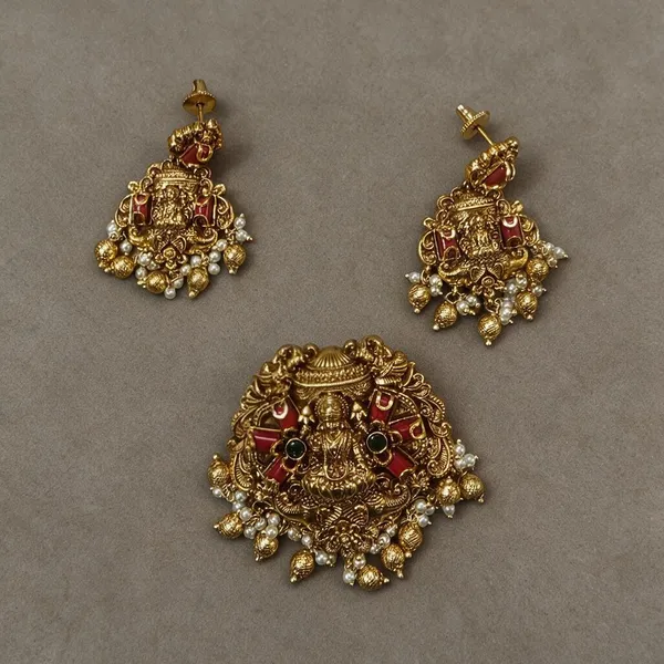 Golden_Brass_Antique_Coral_Lakshmi_Pendant_Set_For_Women