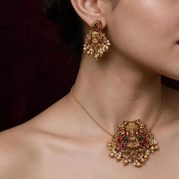 Golden_Brass_Antique_Coral_Lakshmi_Pendant_Set_For_Women