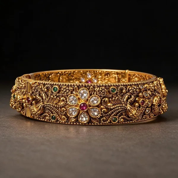 Golden_Brass_Antique_Peacock_Flower_Kada_For_Women
