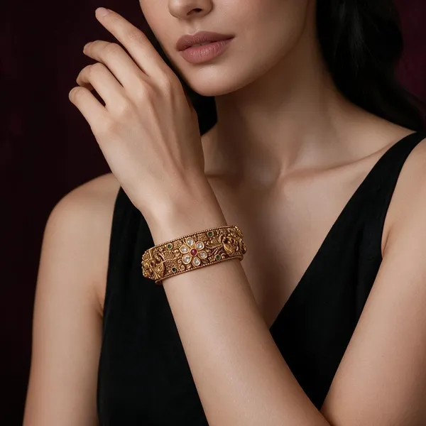 Golden_Brass_Antique_Peacock_Flower_Kada_For_Women