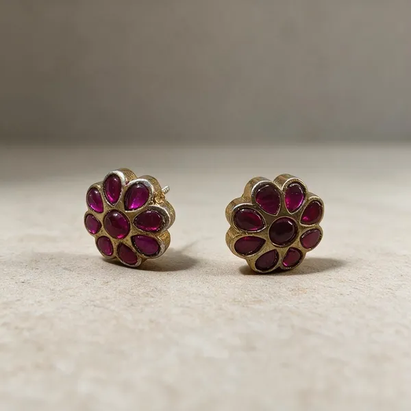 Golden_Brass_Matte_Pink_Jadau_Flower_Stud_Earrings_For_Women