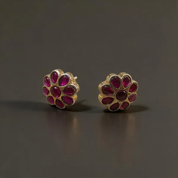 Golden_Brass_Matte_Pink_Jadau_Flower_Stud_Earrings_For_Women