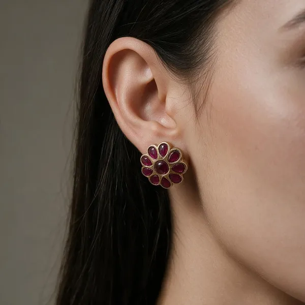 Golden_Brass_Matte_Pink_Jadau_Flower_Stud_Earrings_For_Women