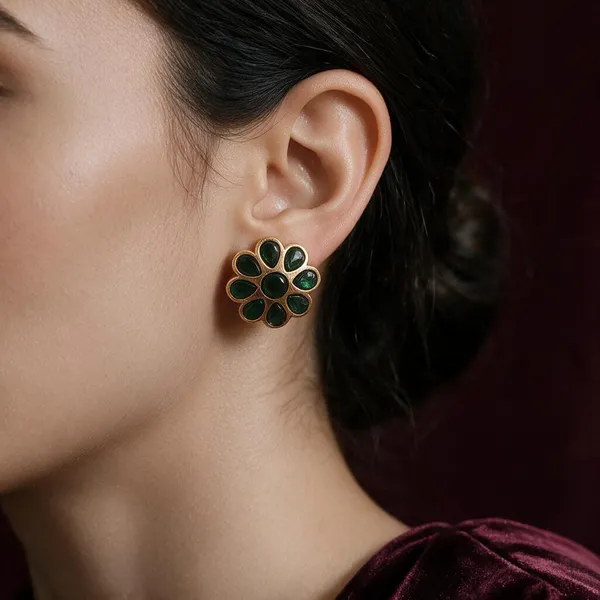 Golden_Brass_Matte_Green_Jadau_Flower_Stud_Earrings_For_Women
