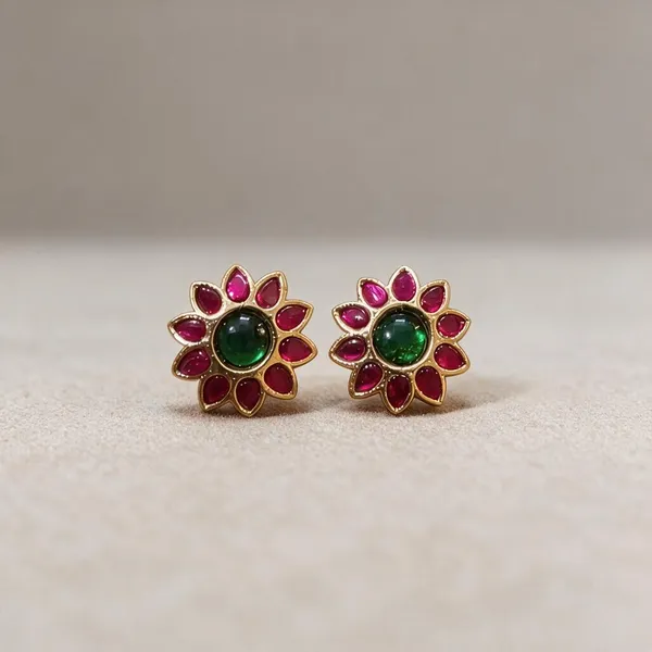 Golden_Brass_Pink_Green_Jadau_Flower_Stud_Earrings_For_Women
