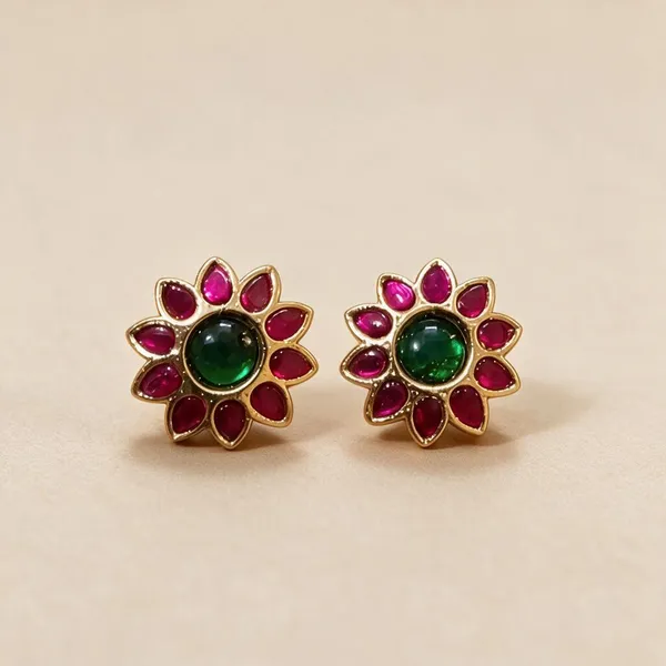 Golden_Brass_Pink_Green_Jadau_Flower_Stud_Earrings_For_Women