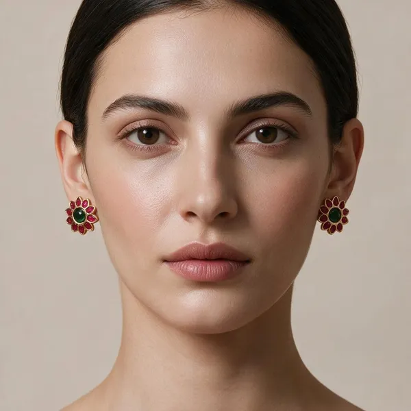 Golden_Brass_Pink_Green_Jadau_Flower_Stud_Earrings_For_Women