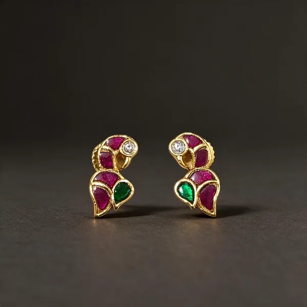 Golden_Brass_Pink_Green_Jadau_Parrot_Stud_Earrings_For_Women
