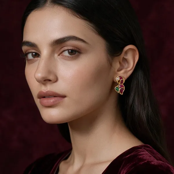 Golden_Brass_Pink_Green_Jadau_Parrot_Stud_Earrings_For_Women