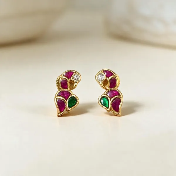 Golden_Brass_Pink_Green_Jadau_Parrot_Stud_Earrings_For_Women
