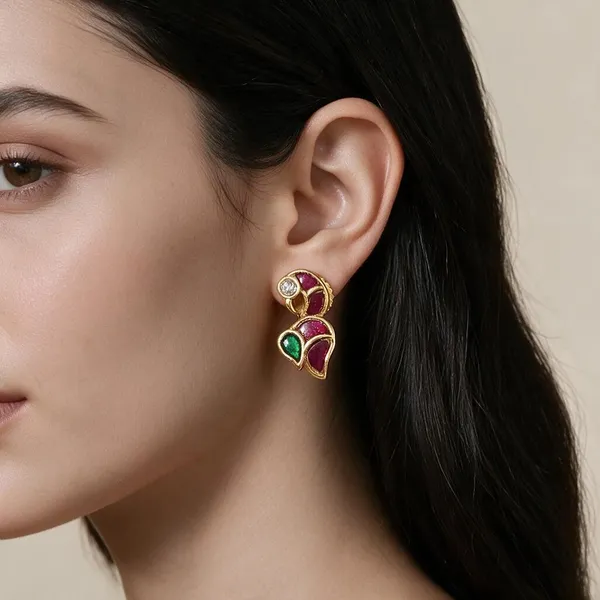 Golden_Brass_Pink_Green_Jadau_Parrot_Stud_Earrings_For_Women