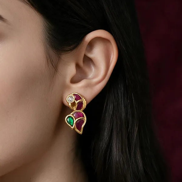 Golden_Brass_Pink_Green_Jadau_Parrot_Stud_Earrings_For_Women