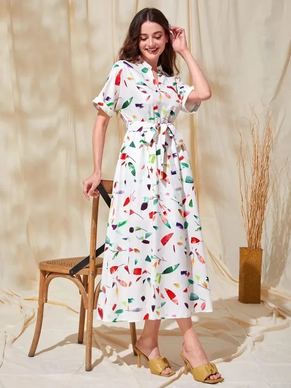White_Polyester_Cotton_Waist_Tie_Up_Multicolor_Printed_Dress_For_Women