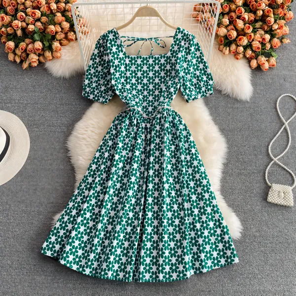 Green_Polyester_Cotton_Puff_Sleeve_Ditsy_Floral_Dress_For_Women