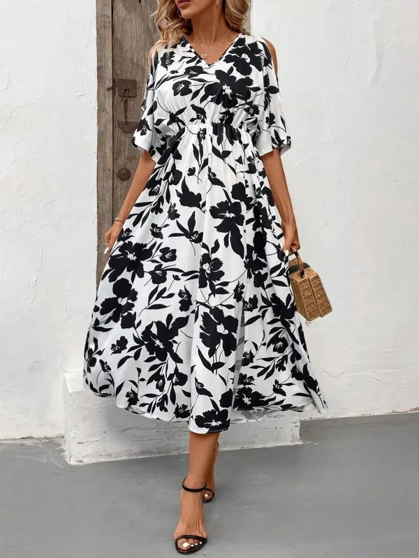 White_Polyester_Cotton_Ruffle_Sleeve_Floral_One_Piece_Dress_For_Women
