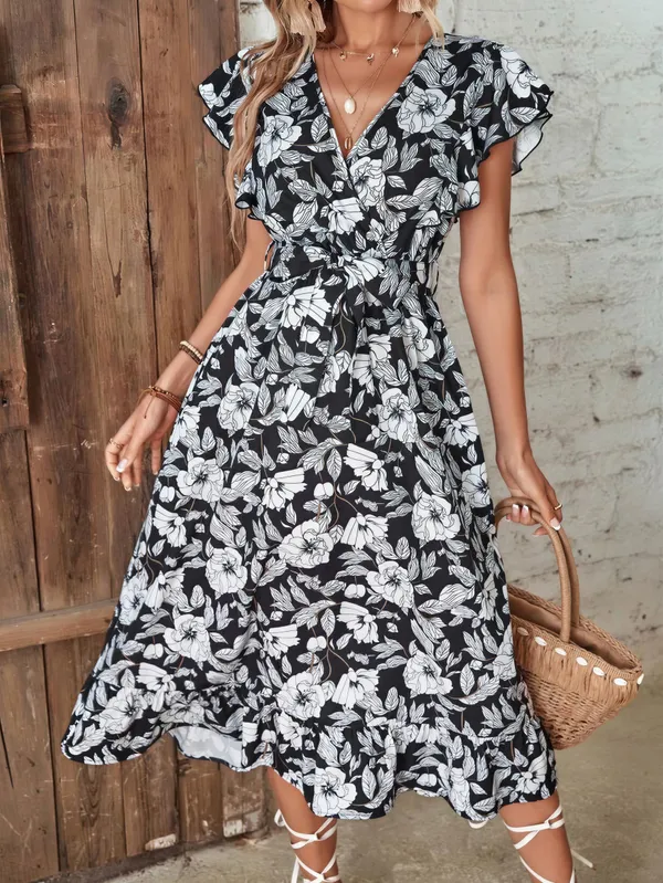 Black_Polyester_Cotton_Ruffle_Sleeve_Floral_One_Piece_Dress_For_Women
