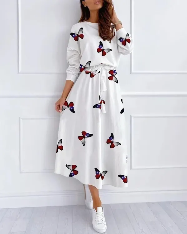 White_Polyester_Cotton_Butterfly_Print_Short_Sleeve_One_Piece_Dress_For_Women