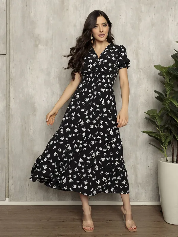 Black_Polyester_Cotton_Puff_Sleeve_Ditsy_Floral_Maxi_Dress_For_Women
