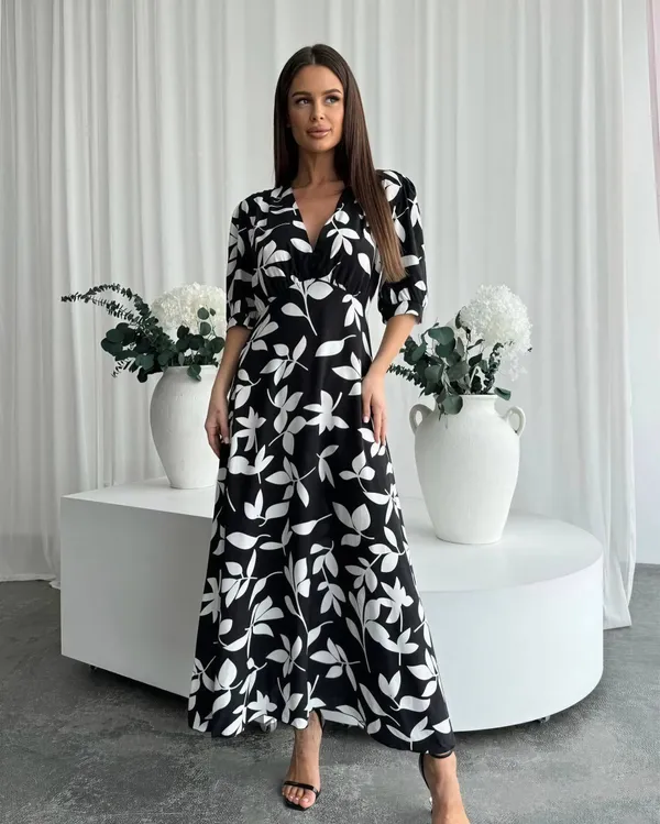 Black_Polyester_Cotton_Wrap_Style_Leaf_Print_Dress_For_Women