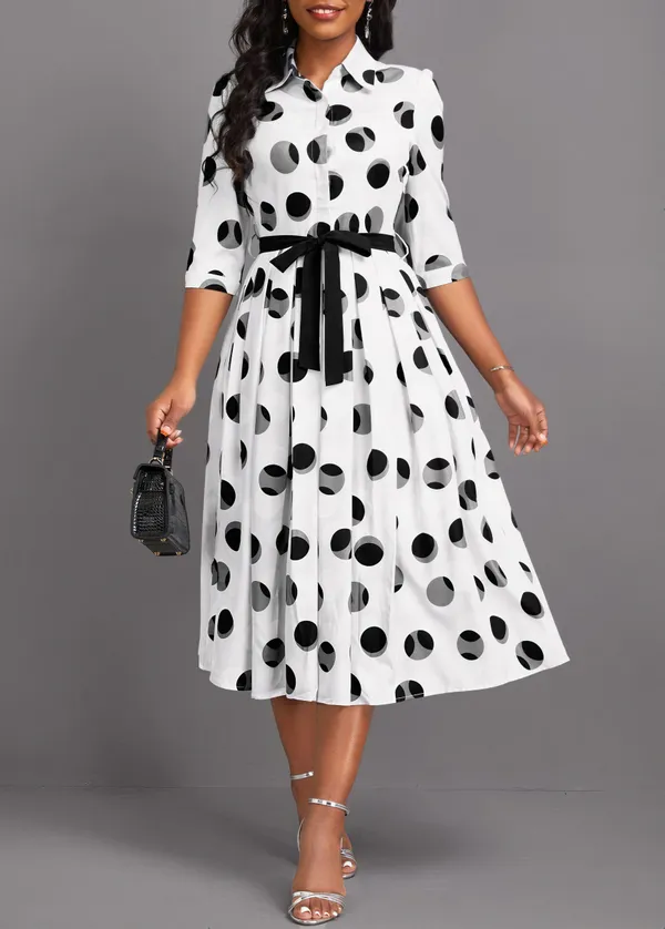 White_Black_Polyester_Cotton_Belted_Polka_Dot_One_Piece_Dress_For_Women