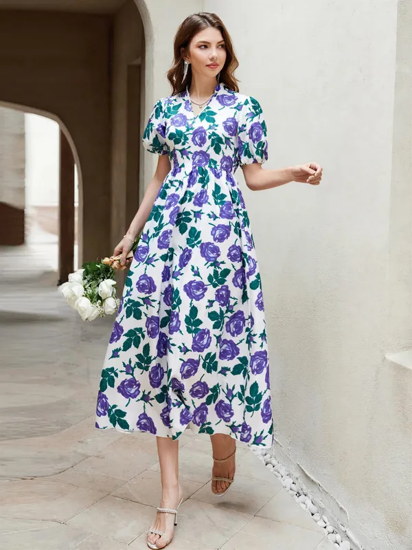 White_Polyester_Cotton_Short_Sleeve_Purple_Floral_Dress_For_Women