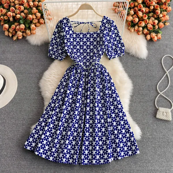 Blue_Polyester_Cotton_Puff_Sleeve_Ditsy_Floral_Dress_For_Women
