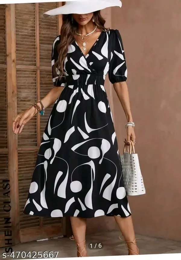 Black_White_Polyester_Cotton_Wrap_Style_Abstract_Print_Dress_For_Women