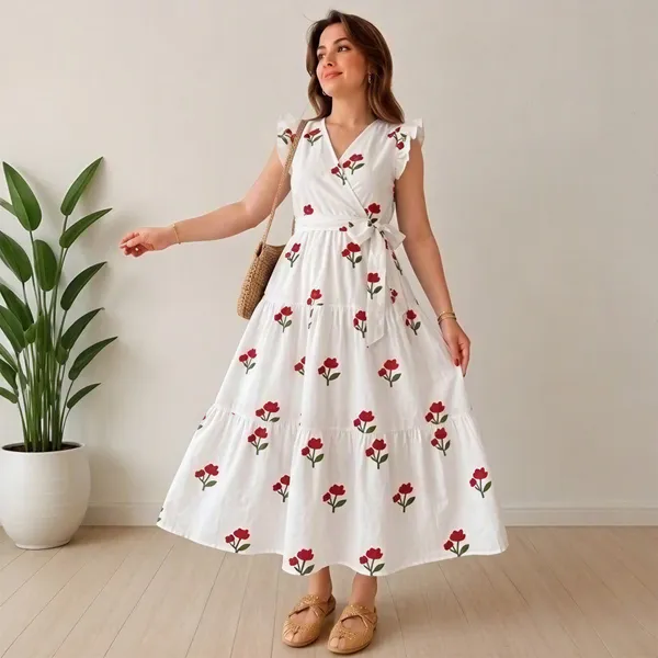 White_Polyester_Cotton_Motif_Print_Sleeveless_One_Piece_Dress_For_Women