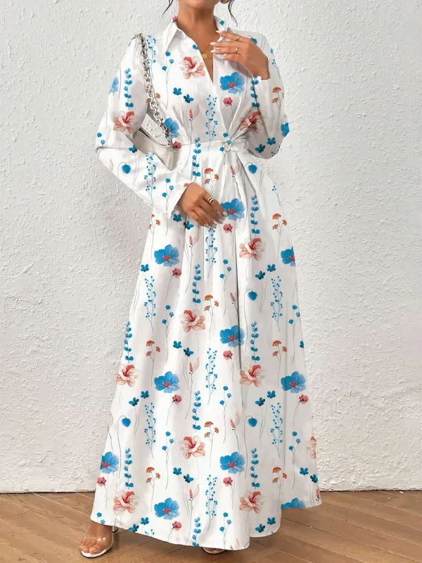 White_Blue_Polyester_Cotton_Long_Sleeve_Floral_Maxi_Dress_For_Women