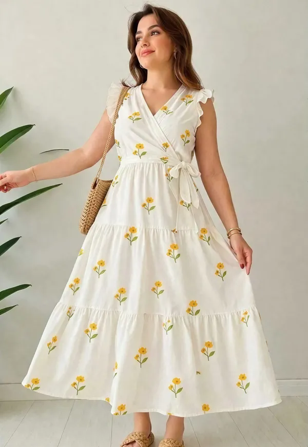 Ivory_Yellow_Polyester_Cotton_Sleeveless_Floral_One_Piece_Dress_For_Women