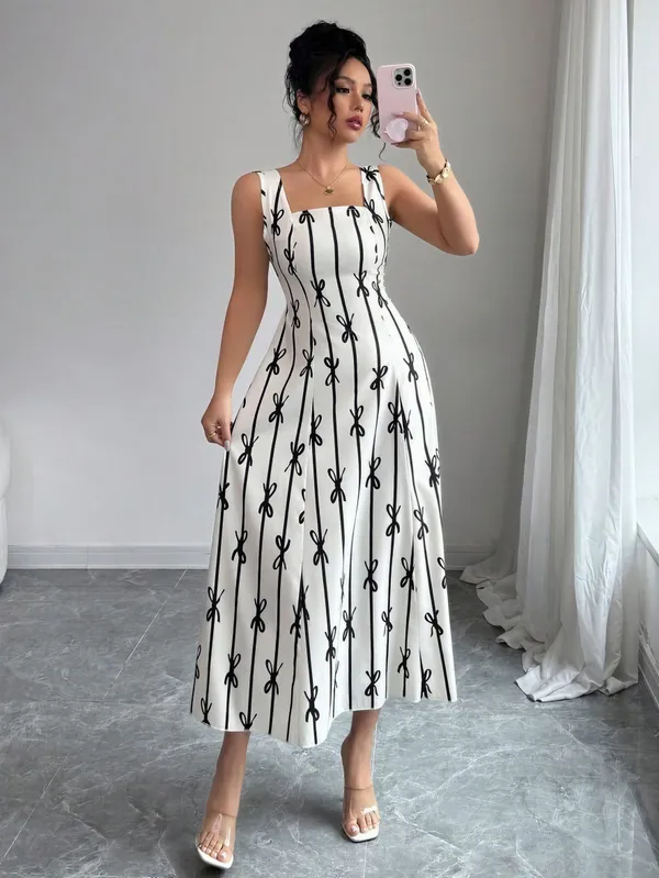 White_Polyester_Cotton_Sleeveless_Botanical_Stripe_Dress_For_Women